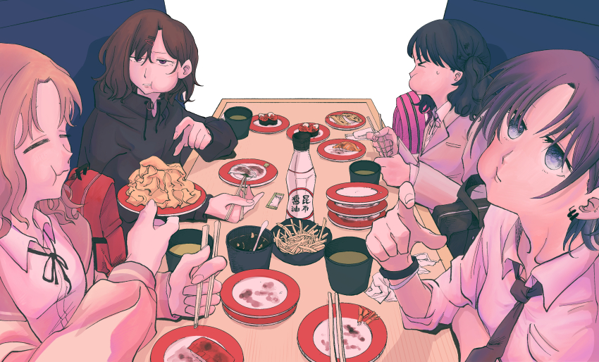 4girls absurdres asakura_toru bag black_hair black_necktie blazer brown_hair chopsticks conveyor_belt_sushi earrings eating fukumaru_koito hair_ornament hairclip highres higuchi_madoka ichikawa_hinana idolmaster idolmaster_shiny_colors jacket jewelry long_hair mole mole_under_eye multiple_girls neck_ribbon necktie noctchill_(idolmaster) plate puffy_cheeks purple_eyes ribbon school_uniform shirt short_hair table twintails uchu_nabe white_shirt