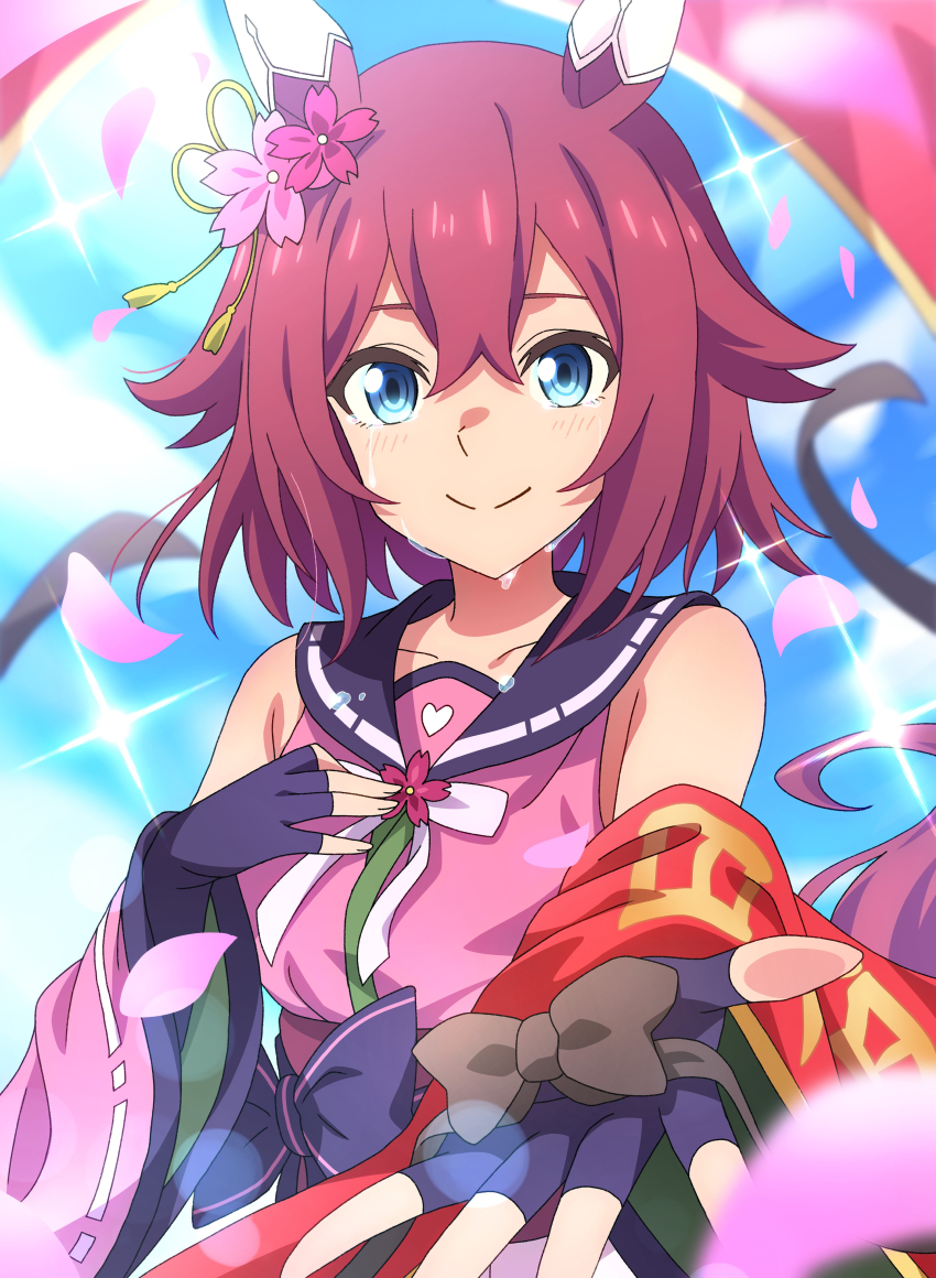 1girl absurdres animal_ears blue_eyes blush breasts closed_mouth commentary_request crying crying_with_eyes_open detached_sleeves fingerless_gloves flower gloves hair_between_eyes hair_flaps hair_flower hair_ornament highres horse_girl looking_at_viewer medium_breasts medium_hair petals pink_hair reaching reaching_towards_viewer sakura_chiyono_o_(umamusume) sky smile solo sparkle tears u-sukio. umamusume umamusume:_cinderella_gray