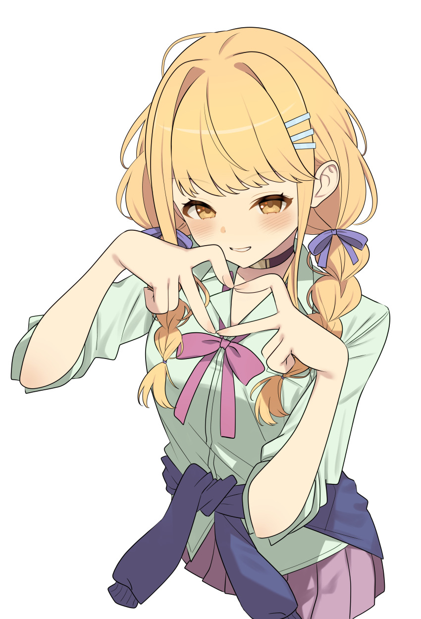 07nono06 1girl absurdres black_choker blonde_hair blue_cardigan blush bow bowtie braid cardigan cardigan_around_waist choker clothes_around_waist commentary_request cropped_legs fingernails four-finger_heart_hands fujita_kotone gakuen_idolmaster gyaru heart heart_hands highres idolmaster kogal long_hair looking_at_viewer pink_bow pink_bowtie pink_skirt pleated_skirt school_uniform shirt simple_background skirt smile solo twin_braids white_background white_shirt yellow_eyes