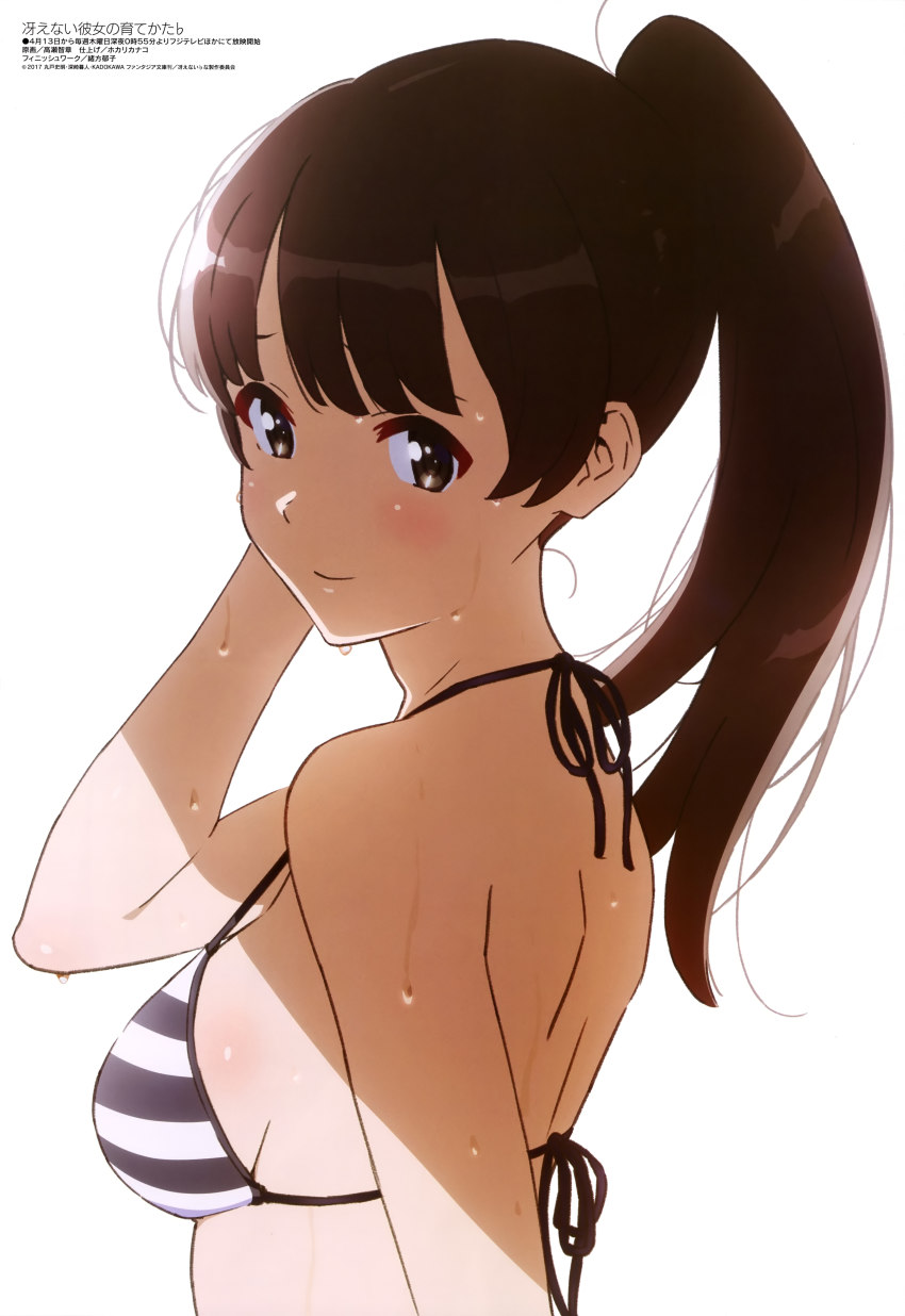 absurdres arm_up bikini blush breasts brown_eyes brown_hair from_side halterneck highres katou_megumi long_hair looking_at_viewer looking_to_the_side medium_breasts megami_magazine official_art ponytail saenai_heroine_no_sodatekata scan sideboob simple_background smile solo strap_gap striped_bikini striped_clothes swimsuit takase_tomoaki upper_body wet white_background