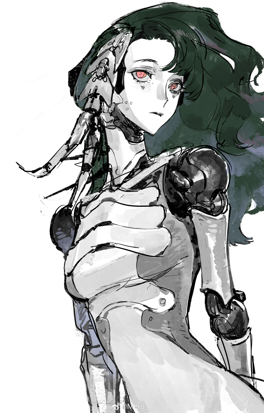 1girl absurdres android breasts curtained_hair exposed_internal_machinery expressionless facing_to_the_side forehead green_hair highres joints long_hair looking_to_the_side mark_under_both_eyes meru02295238 original pale_skin red_eyes robot_girl robot_joints sideways_glance simple_background small_breasts solo upper_body watermark wavy_hair weibo_username weibo_watermark white_background