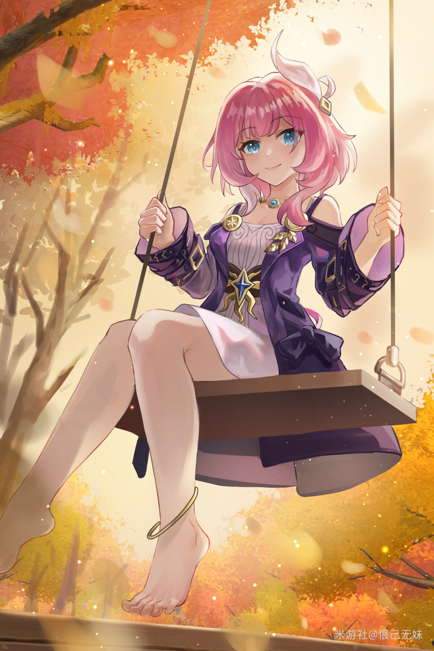 absurdres autumn barefoot blue_eyes breasts chinese_commentary coat commentary_request cyrene_(honkai:_star_rail) dress falling_leaves feet hair_ornament henjiwumei highres honkai:_star_rail honkai_(series) jewelry leaf looking_at_viewer miyoushe_watermark multicolored_hair necklace on_swing outdoors pink_hair purple_coat short_hair small_breasts smile swing swing_set toes tree two-tone_hair watermark white_dress white_hair
