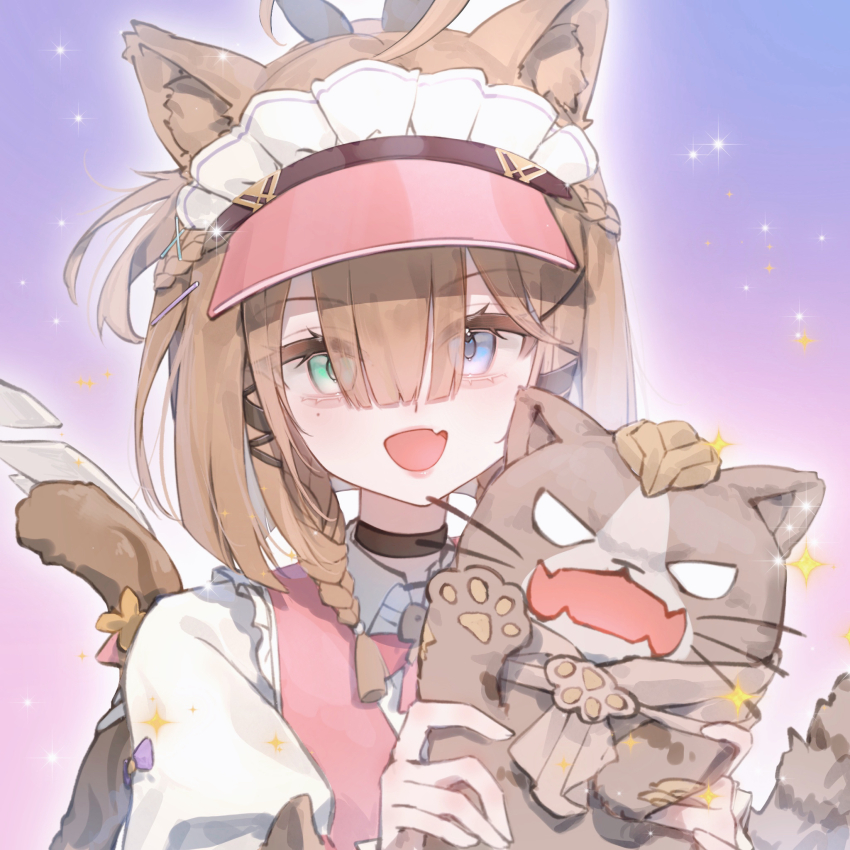 1girl animal animal_ears birthday black_choker blank_eyes blue_eyes braid brown_hair brown_tail can_(honkai_impact) cat cat_ears cat_girl cat_tail chinese_commentary choker commentary frills hair_between_eyes highres holding holding_animal holding_cat honkai_(series) honkai_impact_3rd medium_hair open_mouth pardofelis pardofelis_(meowtose_macchiato) portrait side_braid solo tail visor_cap zhi_jian_ri_he