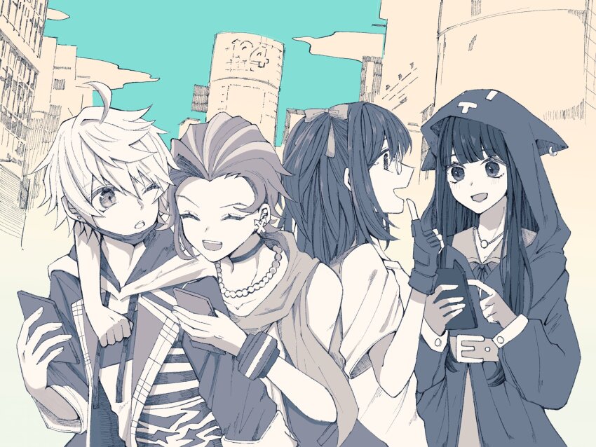 2boys 2girls ahoge animal_ears animal_hood belt black_gloves black_hoodie cat_ears cat_hood cellphone choker ear_piercing earrings face_mask fake_animal_ears fingerless_gloves furesawa_tosai glasses gloves highres holding holding_phone hood hoodie hug hug_from_behind jewelry kanade_rindo long_coat mask mouth_mask multicolored_hair multiple_boys multiple_girls necklace one_eye_closed pearl_necklace phone piercing round_eyewear sakurane_shoka shin_subarashiki_kono_sekai smartphone streaked_hair subarashiki_kono_sekai undercut usui_nagi wristband