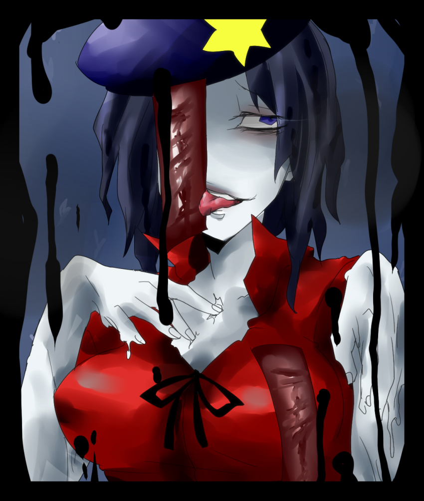 1girl blue_eyes border female_focus hat highres jiangshi licking miyako_yoshika ofuda rui_(hershe) solo star_(symbol) tongue touhou upper_body