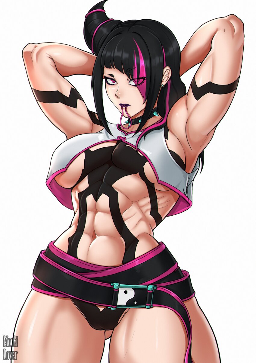 1girl abs absurdres adapted_costume alternate_hairstyle armpits arms_behind_head arms_up belt black_hair breasts cameltoe eyes_visible_through_hair hair_horns han_juri highres horns large_breasts lips mochi_lover multicolored_hair muscular muscular_female navel one_eye_covered panties pink_hair serious shirt single_horn spiked_necklace street_fighter street_fighter_6 two-tone_hair underwear white_background
