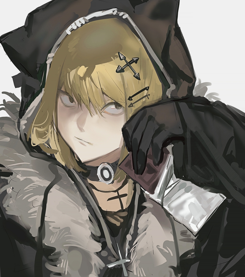 1boy :/ absurdres alternate_costume animal_ear_hood belt_collar black_collar black_gloves black_jacket blonde_hair chinese_commentary closed_mouth collar commentary_request cross death_note fake_animal_ears fur-trimmed_jacket fur_trim gloves grey_fur hair_ornament highres hood hood_up huang_du_du jacket jewelry long_sleeves looking_to_the_side male_focus mello_(death_note) multiple_necklaces necklace sideways_glance simple_background solo trap upper_body white_background