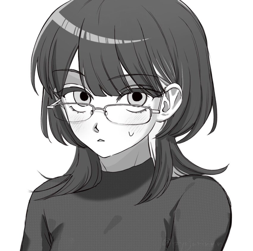 1girl bespectacled commentary_request fujii_ayame futsuu_no_keion-bu glasses greyscale hair_behind_ear highres light_blush looking_at_viewer medium_hair monochrome shirt single_hair_streak sinyojurn solo sweatdrop triangle_mouth turtleneck upper_body white_background wolf_cut