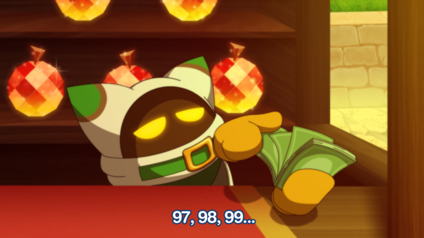 banknote cloak counting_money creature desk disembodied_hand fake_screenshot gem_apple gloves holding holding_money kirby_(series) magolor money nintendo no_humans rayman_limbs solo sparkle team_kirby_clash_deluxe vibrantechoes yellow_eyes yellow_gloves