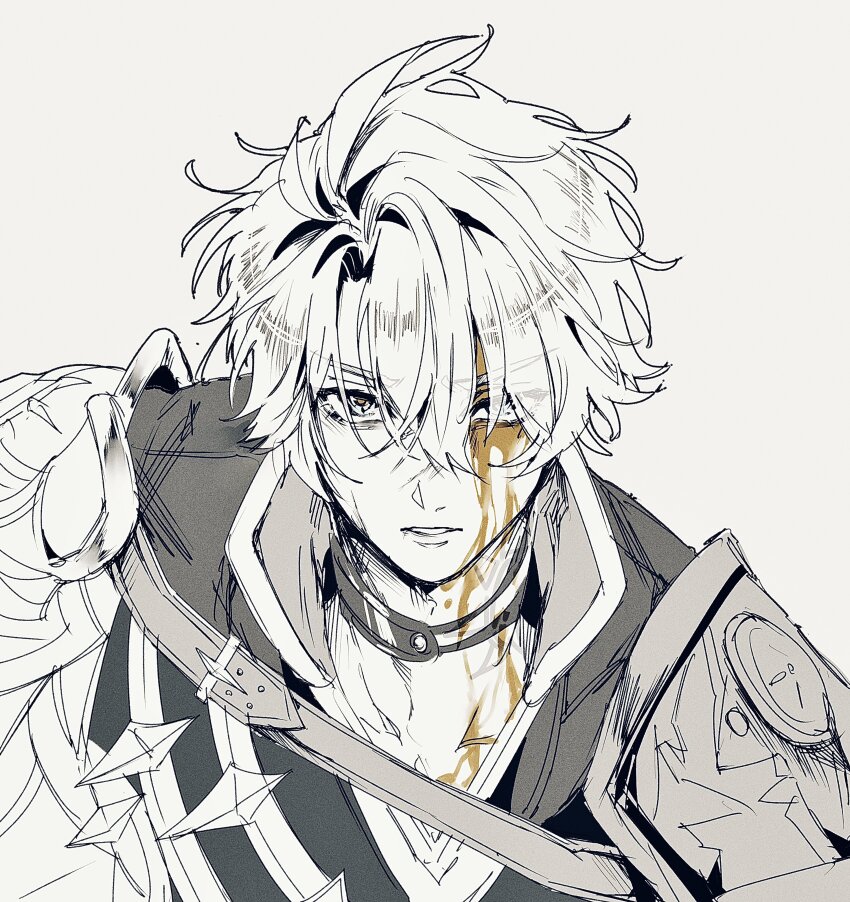 1boy absurdres armor belt choker ggtnnk hair_between_eyes hair_over_one_eye highres honkai:_star_rail honkai_(series) looking_at_viewer male_focus parted_lips partially_colored pauldrons phainon_(honkai:_star_rail) short_hair shoulder_armor simple_background single_pauldron solo upper_body white_background white_hair yellow_blood
