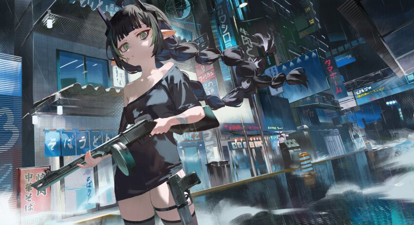 1girl absurdres black_horns black_shirt black_thighhighs braid breasts building city commission darr1o elf elfinpsyop facial_mark green_eyes green_hair gun handgun highres holding holding_gun holding_weapon holster horns indie_virtual_youtuber long_hair looking_at_viewer multicolored_hair night outdoors pointy_ears second-party_source shirt small_breasts solo streaked_hair submachine_gun thigh_holster thighhighs thompson_submachine_gun twin_braids virtual_youtuber weapon
