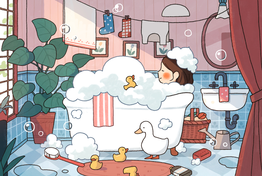 1girl bar_soap basket bath bathing bird bottle brown_hair cleaning_brush closed_eyes closed_mouth duck faucet highres indoors marunoki mirror original plant potted_plant rubber_duck sink soap_bubbles solo watering_can window