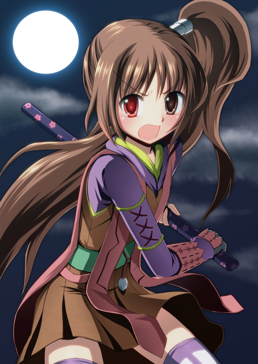 1girl :o absurdres blush brown_eyes brown_hair bucchake_(asami) capcom female_focus fighting_stance full_moon heterochromia highres japanese_clothes long_hair moon night onimusha onimusha:_dawn_of_dreams ready_to_draw red_eyes scabbard sheath side_ponytail skirt solo thighhighs yagyuu_juubei_(dawn_of_dreams)