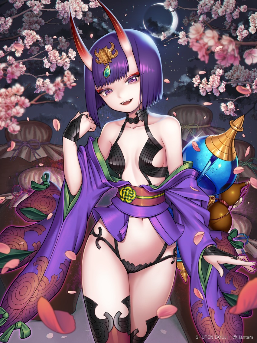 1girl :d alcohol breasts character_name crescent_moon fate/grand_order fate_(series) female_focus hair_ornament highres horns japanese_clothes kimono lantam looking_at_viewer moon navel night night_sky oni open_mouth purple_eyes purple_hair revealing_clothes sake sakura short_hair shuten_douji_(fate) skin-covered_horns sky small_breasts smile solo standing thighs twitter_username