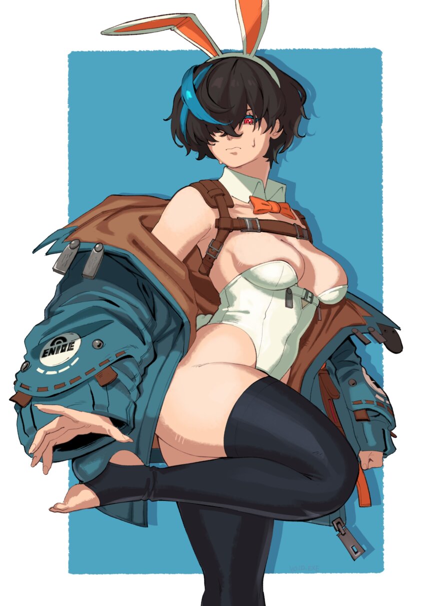 1girl absurdres adapted_costume alternate_costume animal_ears black_hair blue_hair blue_jacket blue_streaks breasts detached_collar fake_animal_ears feet guilty_gear guilty_gear_strive highres jacket leotard multicolored_hair no_shoes open_clothes open_jacket playboy_bunny rabbit_ears red_eyes short_hair stirrup_legwear strapless strapless_leotard streaked_hair sweat toeless_legwear unika_(guilty_gear) void_dot_exe