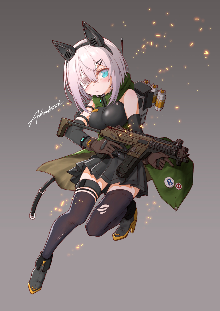1girl action_pose animal_ear_headphones animal_ears antennae arm_warmers ars_almal assault_rifle backpack bag bare_shoulders black_arm_warmers black_shirt black_skirt black_thighhighs blue_eyes blush boots breasts brown_gloves cape cat_ears character_name fake_animal_ears full_body gloves green_cape grey_background gun hair_ornament hairclip headphones highres holding holding_gun holding_weapon hood hood_down large_breasts leg_up looking_at_viewer mechanical_boots mechanical_ears nijisanji parallel_hairclips pleated_skirt poncho rifle shirt short_hair simple_background skirt sleeveless sleeveless_shirt solo sparks tatami_kami thighhighs torn_clothes torn_thighhighs virtual_youtuber weapon white_hair