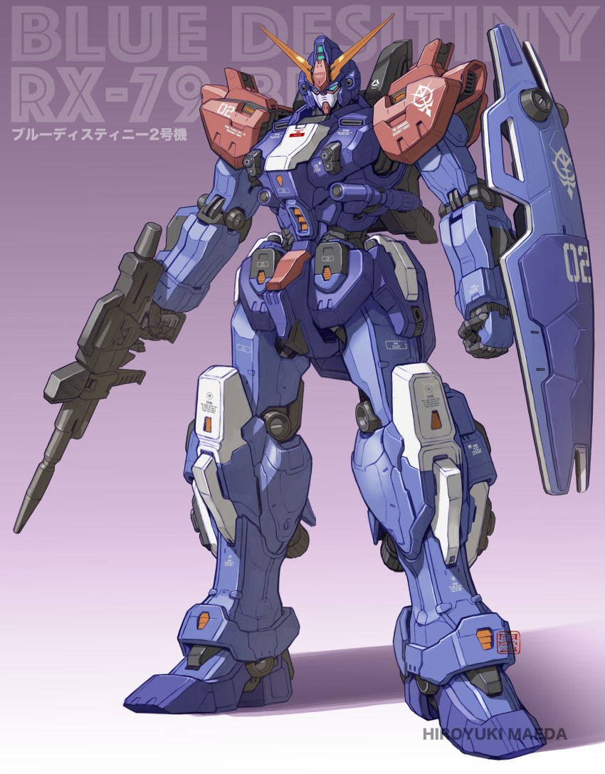 absurdres artist_name energy_sword blue_destiny_02 character_name clenched_hand full_body green_eyes gun gundam gundam_side_story:_the_blue_destiny highres holding holding_gun holding_weapon maeda_hiroyuki mecha mobile_suit redesign robot science_fiction shadow shield solo standing v-fin weapon zeon