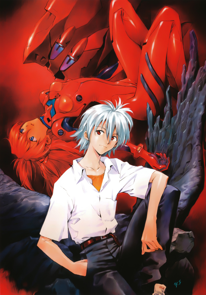 1boy 1girl 2005 absurdres albino artist_name belt black_belt black_pants blue_eyes bodysuit bracer breasts closed_mouth collarbone collared_shirt dated eva_02 evangelion_(mecha) floating floating_hair from_side gloves hair_between_eyes hand_in_pocket head_tilt headgear highres interface_headset_(evangelion) knee_up knees_up long_hair looking_at_viewer looking_down looking_up lying march mecha mecha_pilot_suit nagisa_kaworu neon_genesis_evangelion official_art on_back orange_hair orange_shirt pants parted_lips plugsuit_(evangelion) red_bodysuit red_eyes red_hair robot sadamoto_yoshiyuki scan school_uniform science_fiction shiny_clothes shirt short_hair short_sleeves signature sitting skin_tight skinny small_breasts souryuu_asuka_langley spiked_hair turtleneck two_side_up white_hair white_shirt wing_collar