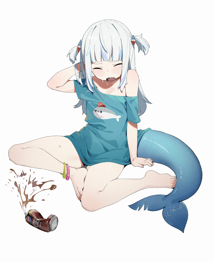 1girl absurdres bare_legs barefoot bloop_(gawr_gura) blue_hair blue_shirt can closed_eyes feet fins fish_tail gawr_gura hair_ornament highres hololive hololive_english legs long_hair multicolored_hair open_mouth pepsi shark_girl shark_tail sharp_teeth shirt sitting solo t-shirt tail teeth toes two-tone_hair two_side_up upper_teeth_only virtual_youtuber waterkuma white_hair