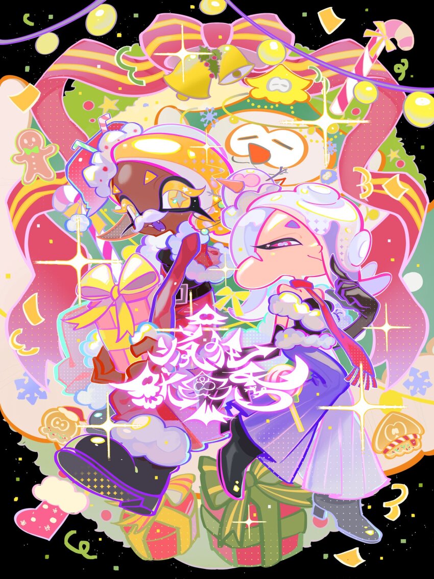 1boy 2girls alternate_costume alternate_hairstyle asymmetrical_bangs belt belt_buckle big_man_(splatoon) black_background black_belt black_footwear black_gloves black_shirt blonde_hair blue_hair blue_pants boots box breasts buckle candy candy_cane cephalopod_eyes chinese_commentary christmas closed_mouth colored_eyelashes commentary_request cropped_jacket cross-shaped_pupils dark-skinned_female dark_skin elbow_gloves fake_facial_hair fake_mustache food frye_(splatoon) fur-trimmed_boots fur-trimmed_headwear fur-trimmed_jacket fur_trim gift gift_box gingerbread_man gloves grey_pupils hair_bun hair_ornament hair_over_one_eye hair_scrunchie hat highres holding holding_gift horizontal_pupils index_finger_raised inkling jacket long_eyelashes long_pointy_ears long_sleeves medium_hair multiple_girls nintendo octoling one_eye_covered pants pink_eyes pointy_ears red_hat red_jacket red_pants red_scarf santa_costume santa_hat scarf scrunchie shirt shiver_(splatoon) single_hair_bun smile splatoon_(series) splatoon_3 symbol-shaped_pupils tentacle_hair xiaoyunatie yellow_eyes