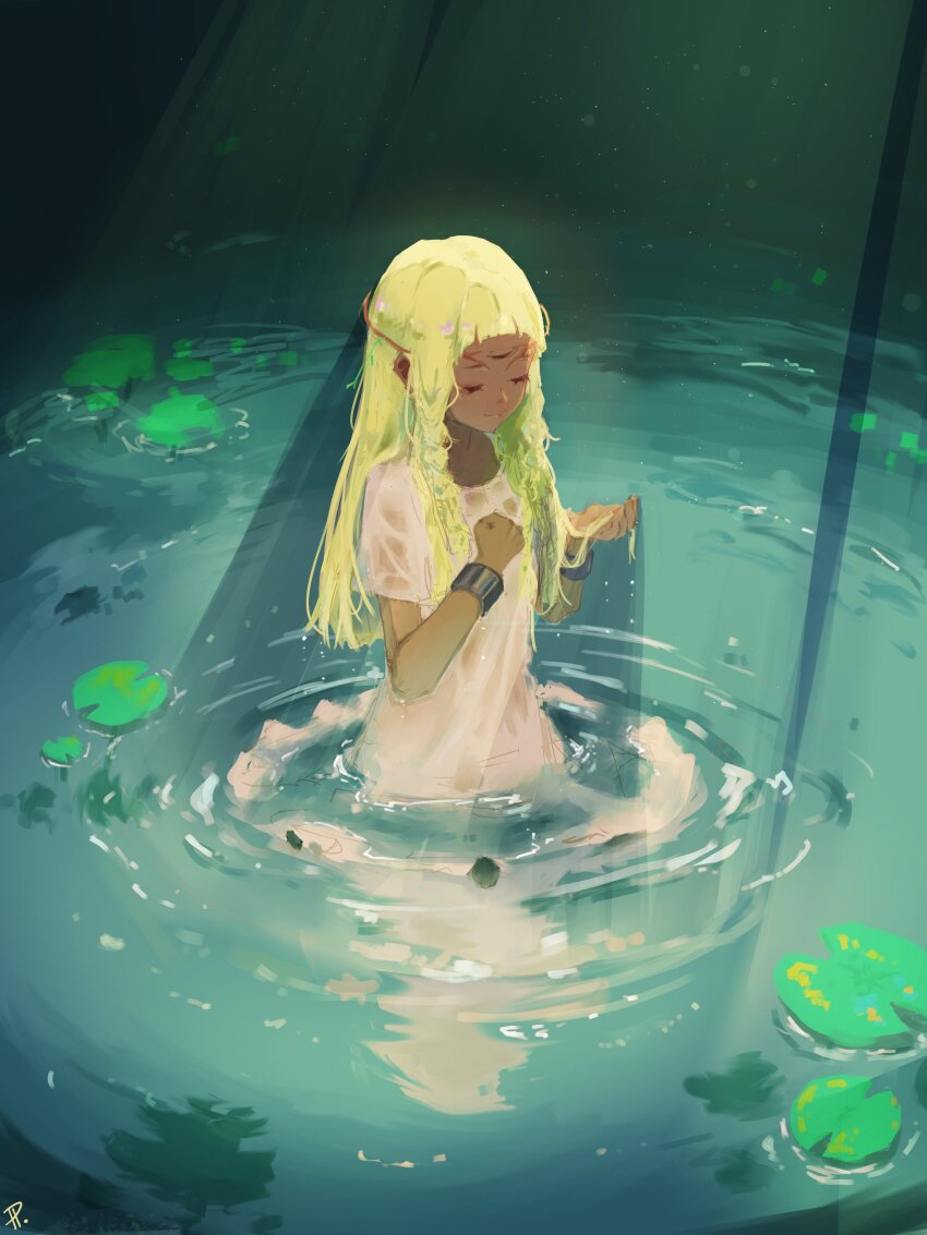 1girl absurdres blonde_hair braid closed_eyes closed_mouth dark-skinned_female dark-skinned_male dark_skin dress eupha_(metaphor:_refantazio) highres long_hair metaphor:_refantazio paopeaw smile solo third_eye twin_braids very_long_hair water