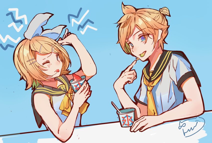 1boy 1girl ahoge bare_arms bare_shoulders blonde_hair blue_eyes blush bow brain_freeze brother_and_sister colored_tongue food fortissimo hair_bow hair_ornament hairclip headache highres holding holding_spoon inubangarou kagamine_len kagamine_len_(vocaloid4) kagamine_rin kagamine_rin_(vocaloid4) necktie ponytail sailor_collar shaved_ice shirt short_ponytail short_sleeves siblings sketch sleeveless sleeveless_shirt spoon swept_bangs tongue tongue_out twins upper_body v4x vocaloid white_bow yellow_necktie