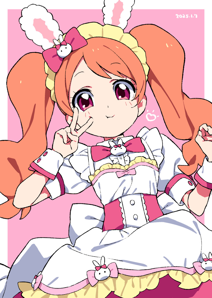 1girl :t absurdres animal_ear_hairband animal_ears apron back_bow border bow bowtie brooch buttons center_frills closed_mouth collared_shirt dated dress fake_animal_ears frilled_dress frilled_hairband frills hair_bow hairband highres hiji_rida jewelry kirakira_precure_a_la_mode long_hair looking_at_viewer orange_hair pink_background pink_bow pink_bowtie pink_eyes pink_skirt precure puffy_short_sleeves puffy_sleeves rabbit_ear_hairband rabbit_ears shirt short_sleeves skirt solo twintails usami_ichika v waist_apron white_shirt wrist_cuffs