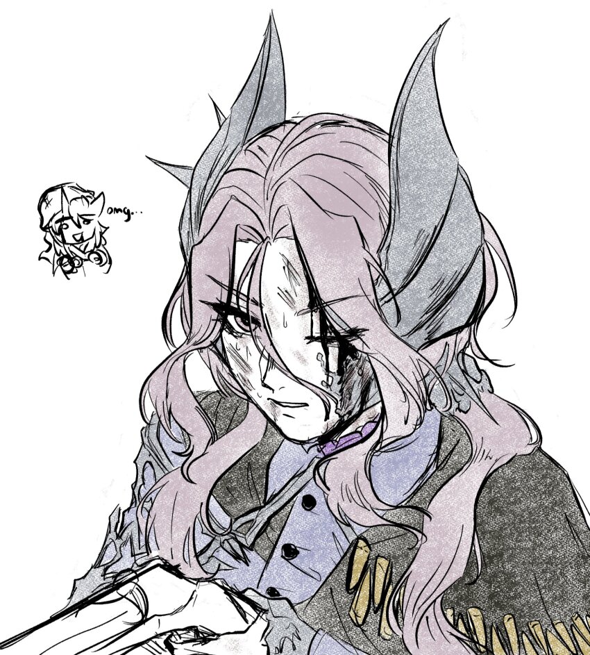 1girl black_cape blue_jacket cape chibi chibi_inset dirty dirty_face grey_eyes grey_hair grey_horns gun hand_up highres holding holding_gun holding_weapon horns jacket long_hair maytheepicgamer military_uniform one_eye_closed parted_lips petrification portrait reverse:1999 sentinel_(reverse:1999) solo weapon white_background