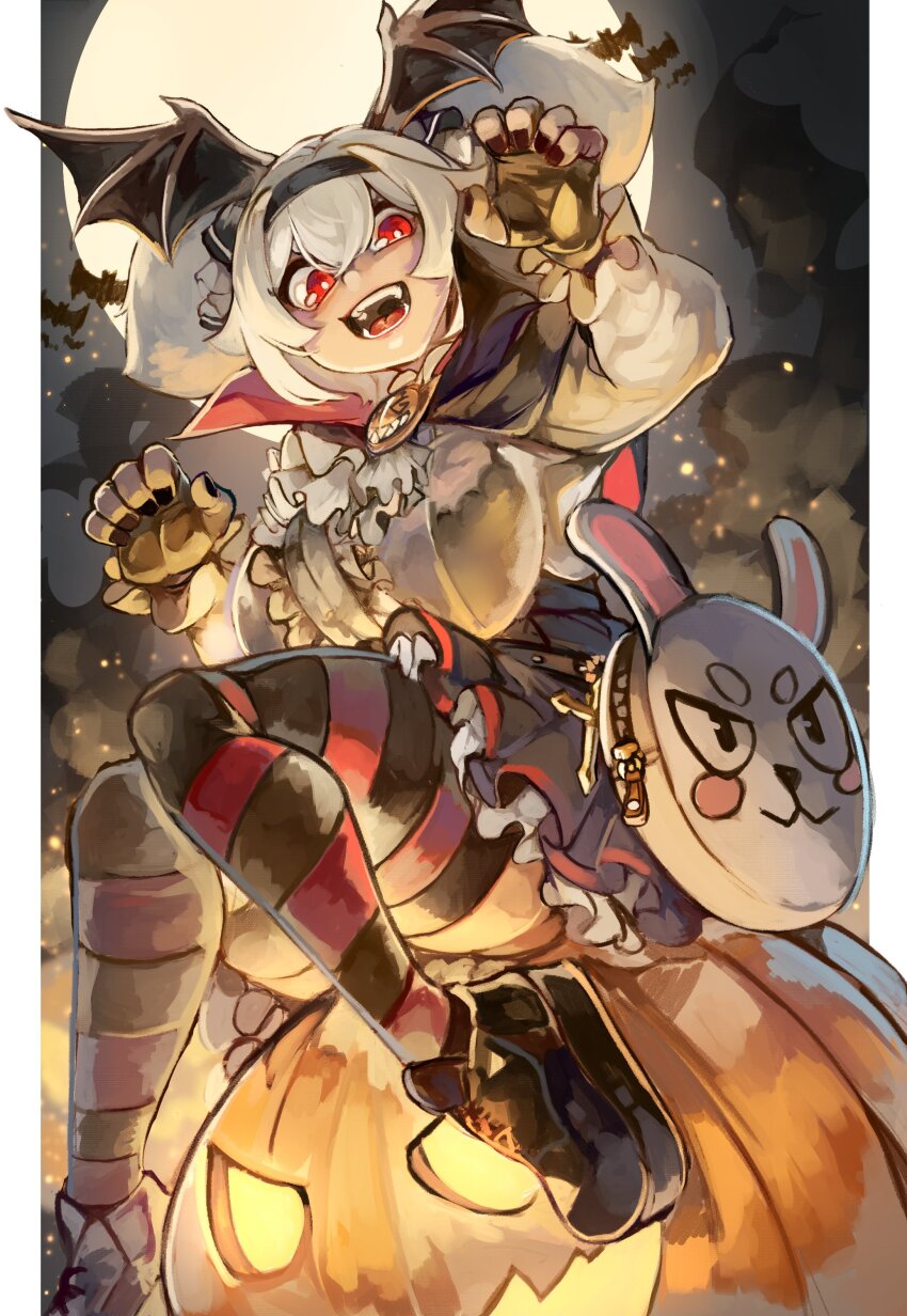 1girl absurdres alvis_(last_origin) bat_wings black_footwear black_nails cape character_request female_focus fingernails halloween highres larribee last_origin legs long_hair looking_at_viewer open_mouth pumpkin rabbit red_eyes solo standing striped_clothes striped_thighhighs thick_thighs thighhighs thighs twintails white_hair wings