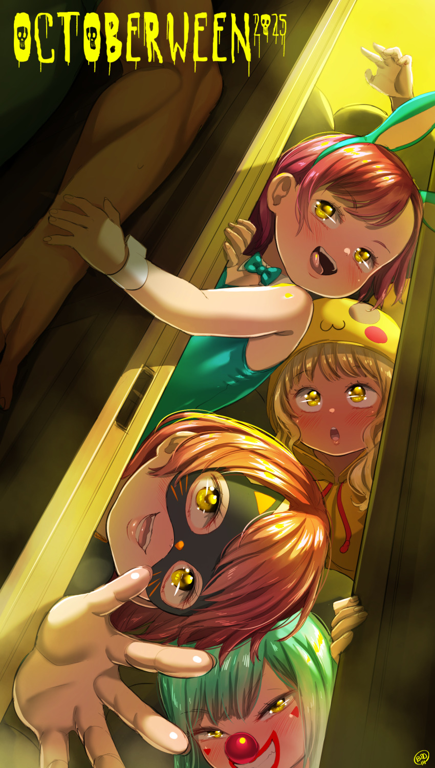 1boy 2025 20s 4girls animal_ears animal_hood animal_mask black_mask blonde_hair blue_bow blue_bowtie blue_leotard blush born-to-die bow bowtie breaking_and_entering brown_eyes cat_mask character_hood clown clown_nose cosplay detached_collar domino_mask door eye_mask facepaint fake_animal_ears fangs flat_chest gen_1_pokemon green_hair grey_shirt grin halloween halloween_costume highres hood hoodie leotard loli long_hair long_sleeves looking_at_viewer mask multiple_girls nintendo october open_mouth original pikachu pikachu_(cosplay) pikachu_costume pikachu_hood playboy_bunny pokemon rabbit_ears reaching reaching_towards_viewer red_hair shirt short_hair skull smile standing sweat tank_top teeth wrist_cuffs yellow_eyes yellow_hoodie