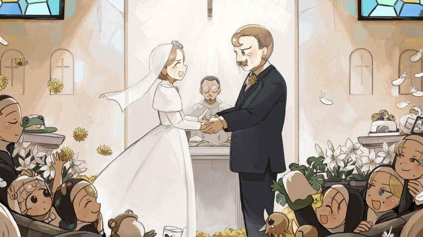 2boys 6+girls :d aged_down bandaid bandaid_on_clothes bird black_hair blonde_hair blue_eyes bride brown_hair bunny_nun_(diva) chicken closed_eyes commentary diva_(hyxpk) dress duck english_commentary facial_hair father_(diva) feathers formal_clothes freckles freckles_nun_(diva) frog froggy_nun&#039;s_father_(diva) froggy_nun&#039;s_mother_(diva) grey_hair habit hair_ornament highres husband_and_wife leaf_nun_(diva) little_nuns_(diva) mole mole_on_cheek mole_under_mouth multiple_boys multiple_girls mustache nun open_mouth ostrich priest rabbit_hair_ornament slice_of_life smile smug_nun_(diva) star_nun_(diva) strict_nun_(diva) suit tears traditional_nun wedding wedding_dress white_dress