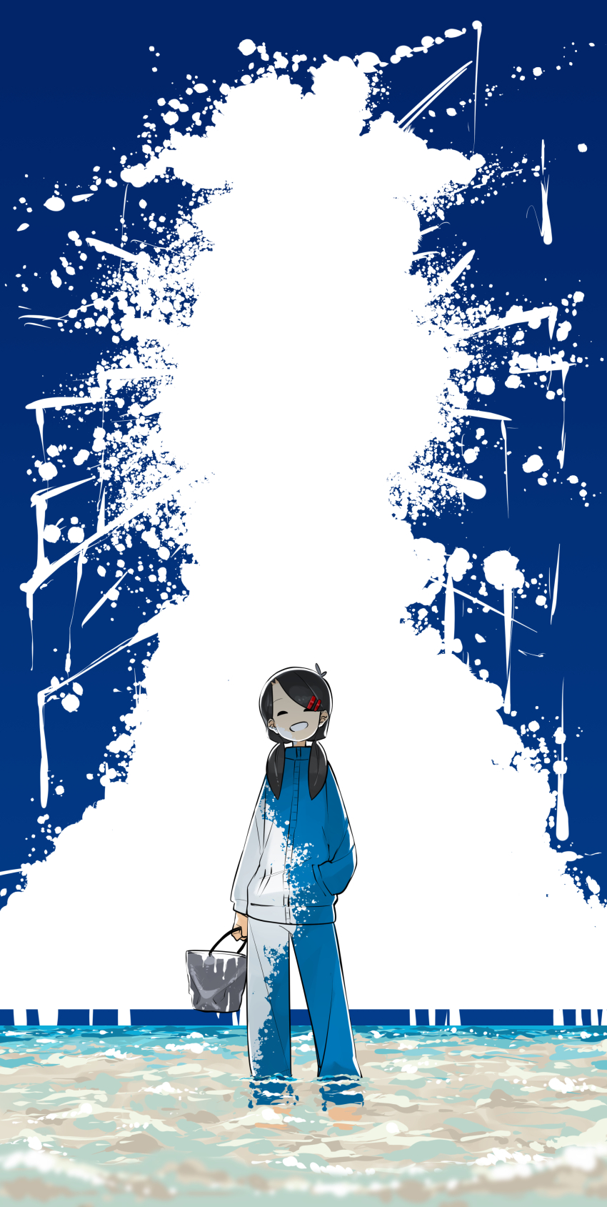 1girl absurdres antenna_hair black_hair blue_jacket blue_pants blue_track_suit bucket canvas_(object) closed_eyes cloud commentary_request cumulonimbus_cloud facing_viewer grin hair_ornament hair_over_shoulder hairclip hand_in_pocket highres holding holding_bucket jacket long_hair long_sleeves low_twintails matarou_(matarou1996) original paint_on_clothes paint_splatter pants smile solo standing swept_bangs track_suit twintails wading water white_paint wide_shot
