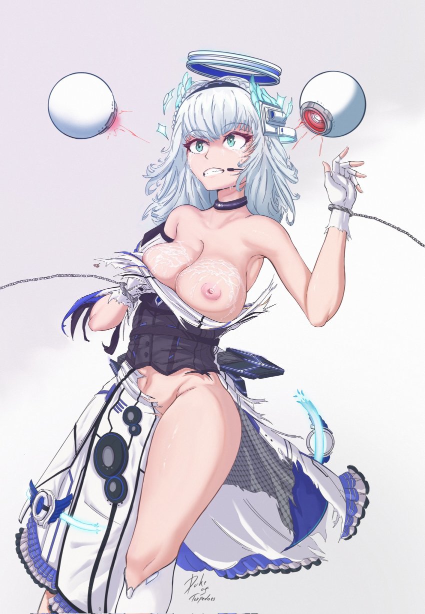 black_choker breasts chain choker cleavage covering_privates covering_breasts cum cum_on_body cum_on_breasts cum_on_upper_body dress floating floating_object gloves highres kamishiro_rita large_breasts one_breast_out prism_project surprised tears thick_thighs thighs torn_clothes torn_dress virtual_youtuber