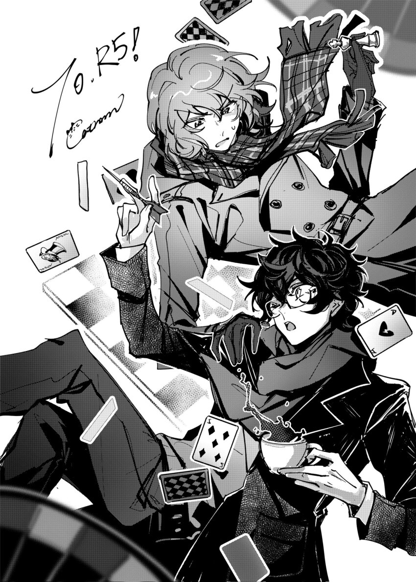 2boys ;o ace_(playing_card) ace_of_hearts akechi_gorou amamiya_ren artist_name belt card catrom_nya chess_piece chessboard chinese_commentary coat commentary_request cup dart dartboard falling five_of_diamonds glasses gloves greyscale hand_on_another&#039;s_shoulder hand_up heart highres holding holding_chess_piece holding_cup holding_dart joker_(playing_card) long_sleeves looking_at_another male_focus monochrome multiple_boys one_eye_closed open_mouth pants persona persona_5 persona_5_the_royal plaid_clothes plaid_scarf playing_card scarf short_hair simple_background sweat sweater teacup v-shaped_eyebrows