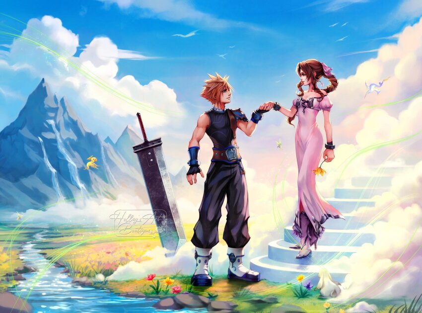 1boy 1girl aerith_gainsborough alternate_costume armor black_pants black_shirt blonde_hair blue_eyes braid brown_hair buster_sword cloud cloud_strife commentary dress english_commentary final_fantasy final_fantasy_vii flower green_eyes hair_ribbon highres holding holding_flower holding_hands hollypolllyy long_hair looking_at_another muscular muscular_male pants pauldrons pink_dress pink_ribbon planted planted_sword planted_weapon pointy_hair puffy_short_sleeves puffy_sleeves ribbon shirt shoes short_hair short_sleeves shoulder_armor sidelocks single_pauldron sleeveless sleeveless_shirt stairs sword weapon white_shoes yellow_flower