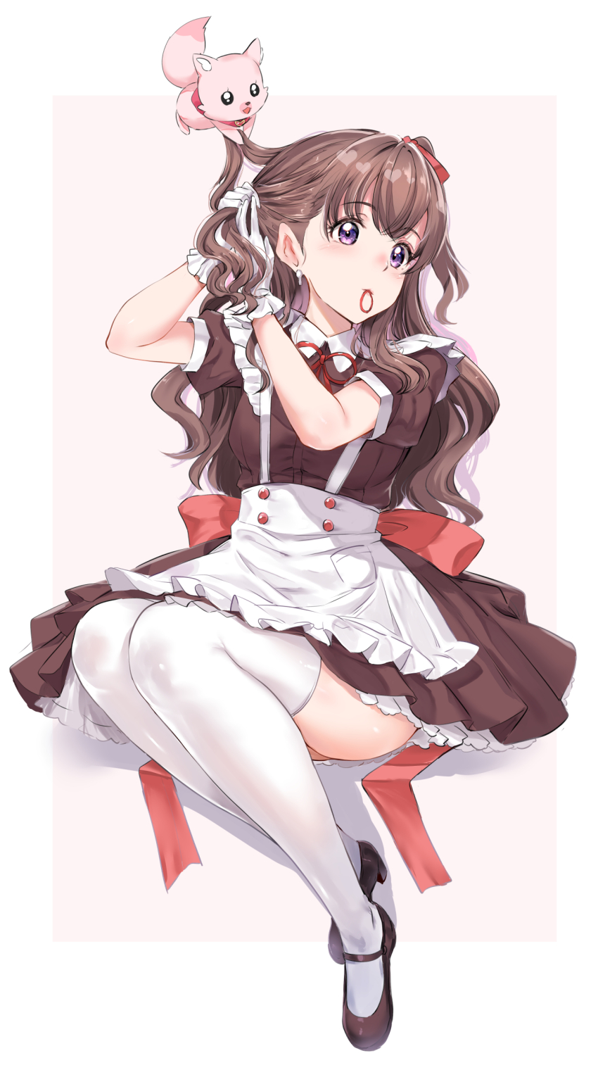 1girl absurdres adjusting_hair alternate_costume apron back_bow border bow brown_dress brown_hair bunching_hair collared_dress commentary creature delicious_party_precure dress enmaided fox gloves hair_half_undone hair_tie_in_mouth highres holding_another&#039;s_hair huge_bow kamishiro_ryuu kome-kome maid mary_janes mouth_hold nagomi_yui neck_ribbon outside_border pink_background precure puffy_short_sleeves puffy_sleeves purple_eyes red_ribbon ribbon shoes short_sleeves thighhighs waitress white_border white_gloves white_thighhighs