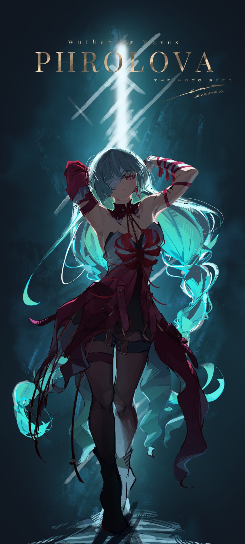 1girl absurdres bad_id bad_twitter_id bandage_over_one_eye bare_shoulders black_pantyhose breasts character_name commentary_request detached_sleeves dress earrings english_text grey_hair highres jewelry long_hair looking_at_viewer medium_breasts noto_(noto_1213) pantyhose parted_lips phrolova_(wuthering_waves) red_dress red_pupils single_detached_sleeve solo tacet_mark_(wuthering_waves) white_eyes wuthering_waves
