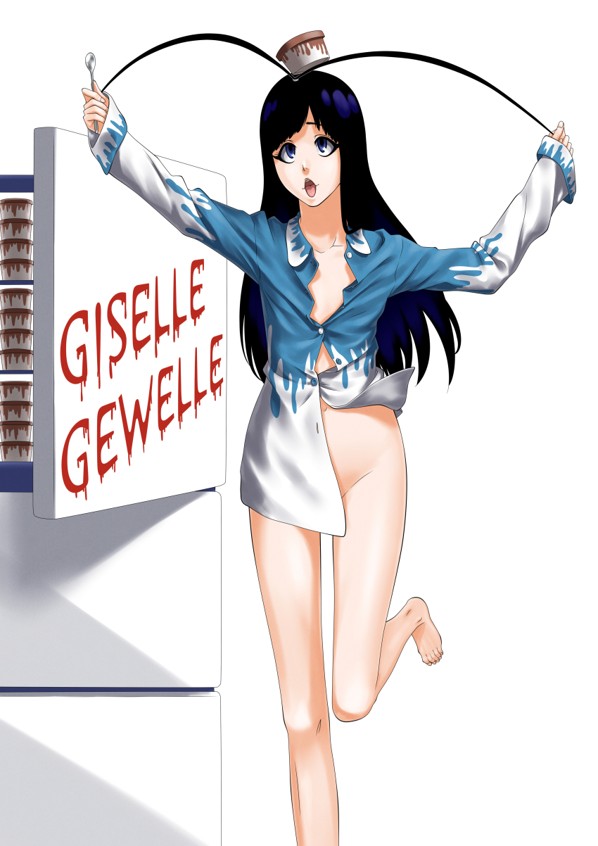 1boy absurdres alternate_costume antenna_hair bare_legs barefoot black_hair bleach bleach:_sennen_kessen-hen bleachist blue_eyes blue_shirt character_name collarbone collared_shirt commentary_request eyebrows_hidden_by_hair eyelashes foot_out_of_frame giselle_gewelle groin hands_up highres holding holding_spoon kubo_tite_(style) long_hair looking_up male_focus naked_shirt navel no_panties official_style open_mouth partially_unbuttoned refrigerator shirt simple_background sleeves_past_wrists solo spoon standing standing_on_one_leg straight_hair tareme trap upturned_eyes white_background white_shirt wide_sleeves
