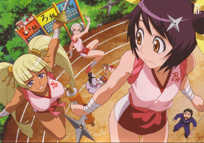 00s 2boys 4girls all_fours animal_ears animal_hands antenna_hair azami azami_(himawari) bandages blonde_hair blue_eyes breasts brown_hair cat_ears cat_tail dark-skinned_female dark_skin double_bun everyone flag from_above glasses grin gym_uniform hair_bun hair_ornament hair_ribbon hairclip hat highres himawari himawari! himeji hinata_himawari japanese_clothes jumping large_breasts long_hair looking_back lying marikouji_hayato multiple_boys multiple_girls ninja non-web_source official_art okama on_stomach open_mouth orange_eyes outdoors pink_hair ponytail purple_hair ribbon scan scoreboard scroll shikimi shikimi_(himawari) short_hair shuriken side_ponytail silver_hair sitting smile sweatdrop sword tail track_and_field track_suit trap tsukiyo-hime twintails very_long_hair weapon yusura yusura_(himawari)