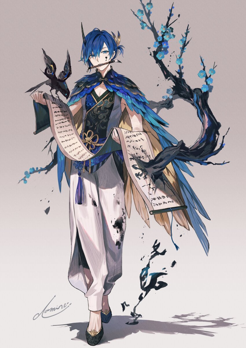 1boy abstract absurdres alternate_costume alternate_hairstyle armpit_crease bare_arms bare_tree bird black_bird black_feathers blue_eyes blue_eyeshadow blue_feathers blue_flower blue_hair blue_sash branch calligraphy_brush calligraphy_scroll cape chinese_clothes chinese_knot commentary_request eyelashes eyeshadow feather_cape feather_hair_ornament feathers flats flower flower_knot full_body gold_trim gradient_background grey_background hair_between_eyes hair_ornament hands_up harem_pants highres holding holding_scroll horns ink ink_on_face ink_splatter kaito_(vocaloid) makeup male_focus mandarin_collar medium_hair mouth_hold multicolored_cape obi ozaki_domino paintbrush pants patterned_sash pectoral_cleavage pectorals ponytail sash scroll shadow shoes short_ponytail side_slit sidelocks signature simple_background single_horn sleeveless standing swept_bangs tassel teeth teeth_hold tree tsurime upper_teeth_only vocaloid waist_tassel white_background white_pants yellow_feathers