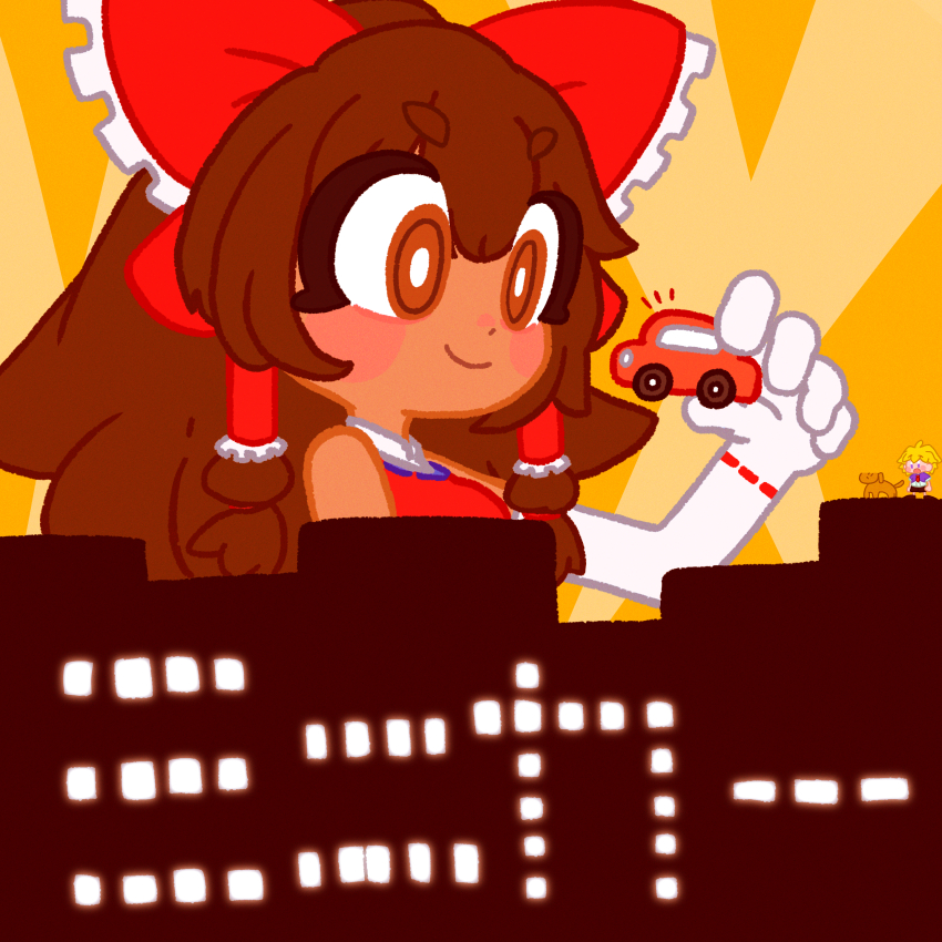 1boy 1girl absurdres agucala_(cookie) blonde_hair blush bow brown_eyes brown_hair closed_mouth cookie_(touhou) dark-skinned_female dark_skin dog elbow_gloves frilled_bow frilled_hair_tubes frills gloves hair_bow hair_tubes hakurei_reimu highres holding holding_toy long_hair michael_(cookie) muimui_(4242564muimui) red_bow red_shirt ribbon-trimmed_gloves ribbon_trim shirt short_hair sidelocks sleeveless sleeveless_shirt smile touhou toy toy_car upper_body white_gloves