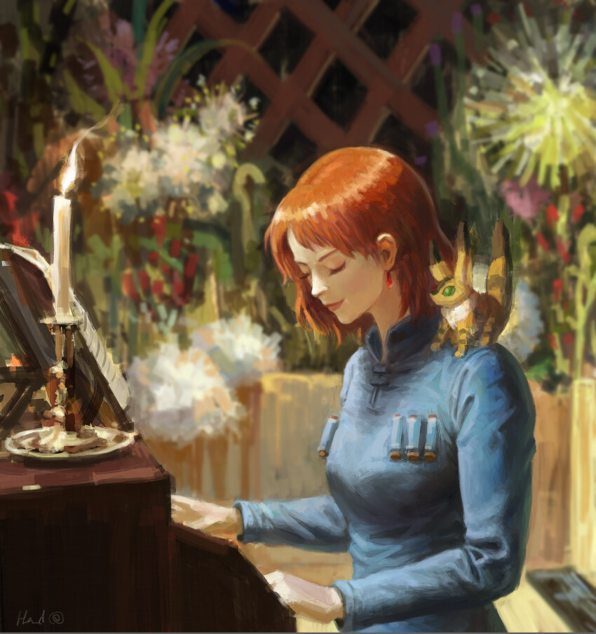 1girl absurdres animal animal_on_shoulder blue_coat breasts brown_hair candle closed_eyes closed_mouth coat commentary earrings elvafirst english_commentary floating_earrings flower grand_piano green_flower highres indoors instrument jewelry kaze_no_tani_no_nausicaa long_sleeves medium_breasts music nausicaa piano playing_instrument red_flower short_bangs short_hair smile solo teto_(nausicaa) upper_body white_flower