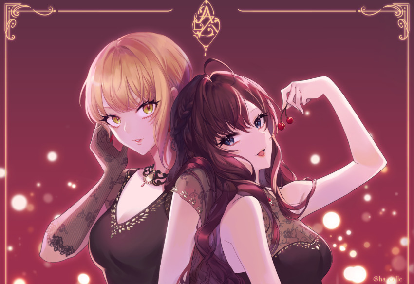 2girls :d ahoge black_dress blonde_hair blue_eyes blurry blurry_background breasts brown_hair cleavage crazy_crazy_(idolmaster) dress earrings elbow_gloves fishnet_gloves fishnets food fruit gloves hado_(gjdlsxor1) hair_between_eyes hand_in_own_hair holding holding_food holding_fruit ichinose_shiki idolmaster idolmaster_cinderella_girls jewelry long_hair looking_at_viewer medium_breasts miyamoto_frederica multiple_girls necklace open_mouth parted_lips see-through_clothes see-through_cleavage short_hair sleeveless sleeveless_dress smile twitter_username yellow_eyes