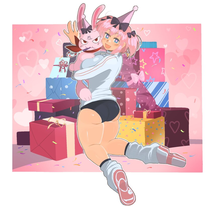 +_+ 1girl animal animal_hug ass border bow box breasts buruma chzzei confetti gift gift_box hair_bow hat heart hibari_(senran_kagura) highres holding holding_animal hug huge_breasts jacket kneeling kneepits looking_back loose_socks neckerchief ninto_(senran_kagura) open_mouth party_hat pink_hair rabbit rabbit_tail red_neckerchief senran_kagura senran_kagura_shoujo-tachi_no_shin&#039;ei shoes short_twintails sneakers socks tail twintails white_border white_jacket white_socks