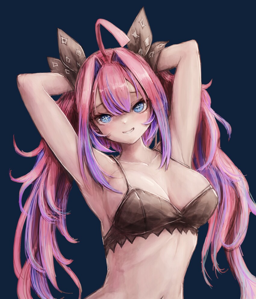 +_+ 1girl ahoge armpits arms_up black_bra black_ribbon blue_background blue_eyes blush bra breasts collarbone grin hair_intakes hair_ribbon highres hololive hololive_dev_is kikirara_vivi large_breasts long_hair looking_at_viewer multicolored_hair navel nymph_rhythm pink_hair purple_hair ribbon simple_background smile solo sparkle_print stomach streaked_hair two-tone_hair underwear underwear_only virtual_youtuber