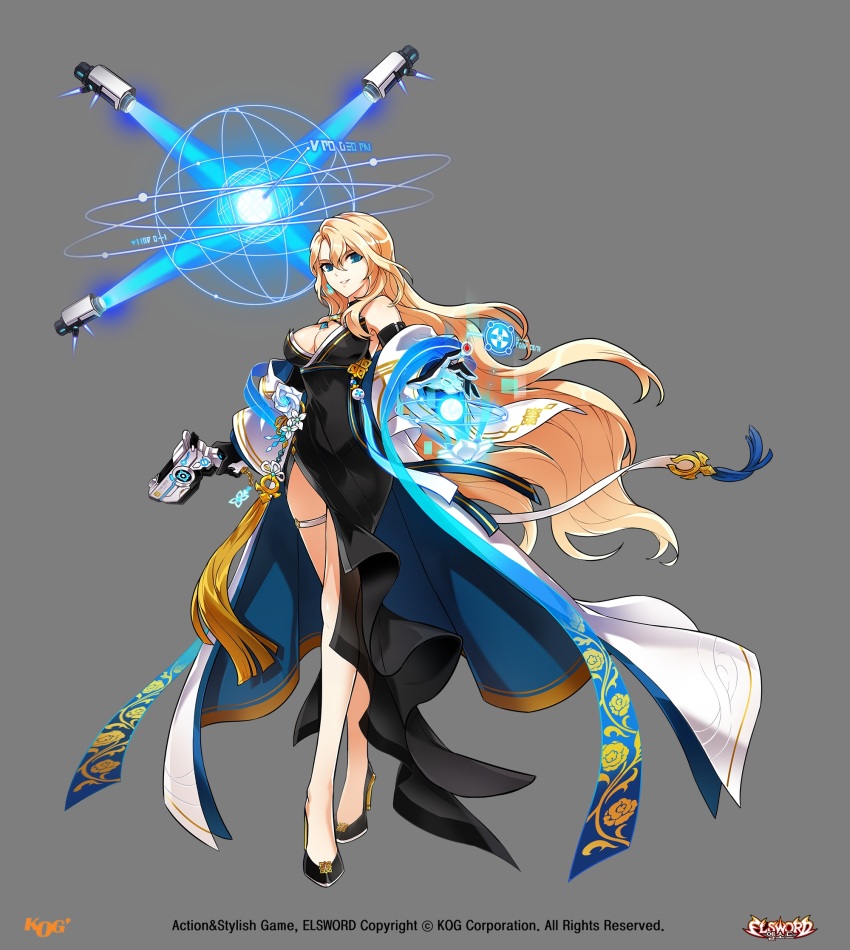 1girl artist_request bare_legs black_dress black_footwear blonde_hair blue_eyes breasts cleavage coat dress elsword full_body gun high_heels highres holding holding_gun holding_weapon large_breasts legs long_hair looking_at_viewer official_art prime_operator_(elsword) rose_(elsword) smile solo standing tassel weapon white_coat