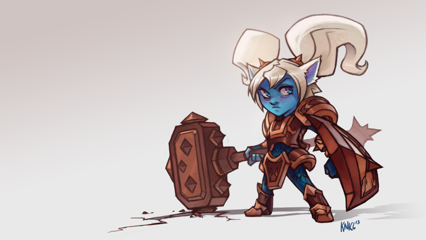 animal_ears armor blue_eyes blue_skin colored_skin hammer highres kienan_lafferty league_of_legends long_hair poppy_(league_of_legends) shield twintails weapon white_hair yordle