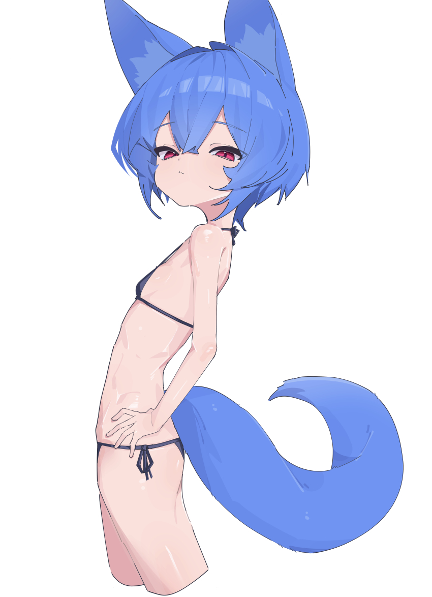 1girl absurdres animal_ears bikini black_bikini blue_hair breasts closed_mouth commentary cropped_legs fox_ears fox_girl fox_tail from_side hair_between_eyes half-closed_eyes highres looking_at_viewer miya_(myakuro) myakuro original red_eyes short_hair side-tie_bikini_bottom simple_background small_breasts solo swimsuit tail white_background