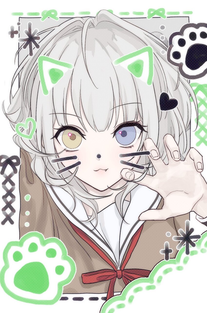 1girl :3 bang_dream! bang_dream!_it&#039;s_mygo!!!!! birthday blue_eyes brown_shirt claw_pose closed_mouth commentary_request dotted_line drawn_ears drawn_heart drawn_nose drawn_whiskers face_filter fang fingernails hair_intakes haneoka_school_uniform heterochromia highres ilpal_e kaname_raana korean_commentary looking_at_viewer medium_hair neck_ribbon paw_print portrait raana_the_cat red_ribbon ribbon sailor_collar school_uniform selfie shirt smile solo white_hair white_sailor_collar winter_uniform yellow_eyes