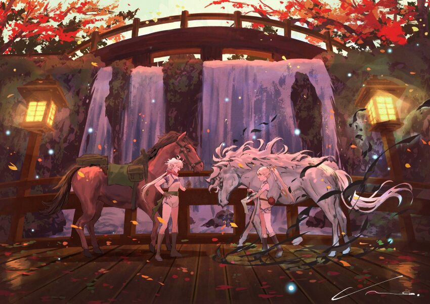 2girls absurdres arch_bridge boots bridge brown_gloves brown_horse calligraphy_brush cliff closed_eyes dress ear_piercing falling_leaves fur-trimmed_boots fur_trim gloves green_hair green_sash highres horse knee_boots lantern leaf low_ponytail multiple_girls nemoto_yuuma open_mouth original outdoors paintbrush paper piercing pointy_ears ponytail rock saddle saddlebags sash scarf scenery short_dress short_jumpsuit short_sleeves sleeveless sleeveless_dress standing water waterfall white_hair white_horse wide_shot wooden_bridge wooden_lantern